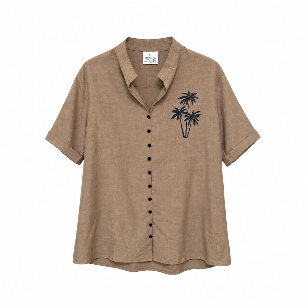 Men's Palm Tree Resort Shirt Large Brown Tropical Button Up